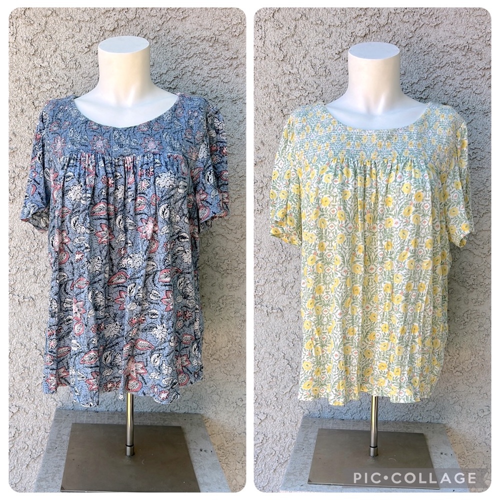 Lucky Brand Floral Blouse Yellow Daisy Blue Wildflowers Smock Shirt Set 2pc Lot